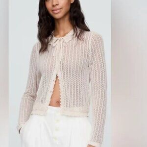 Gap x DÔEN Linen-Blend Pointelle Cardigan Cream Open Knit Women's Sweater - M